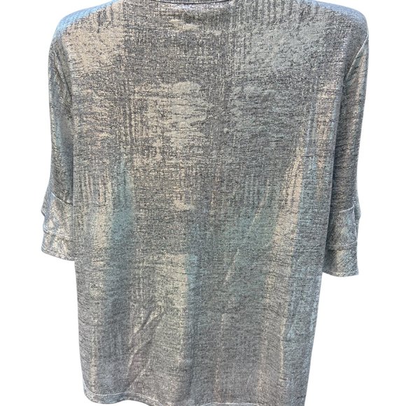 Seventh Ave Metalic Silver Blouse Half Ruffle Sleeve Polyester Blend Size L - Picture 2 of 7